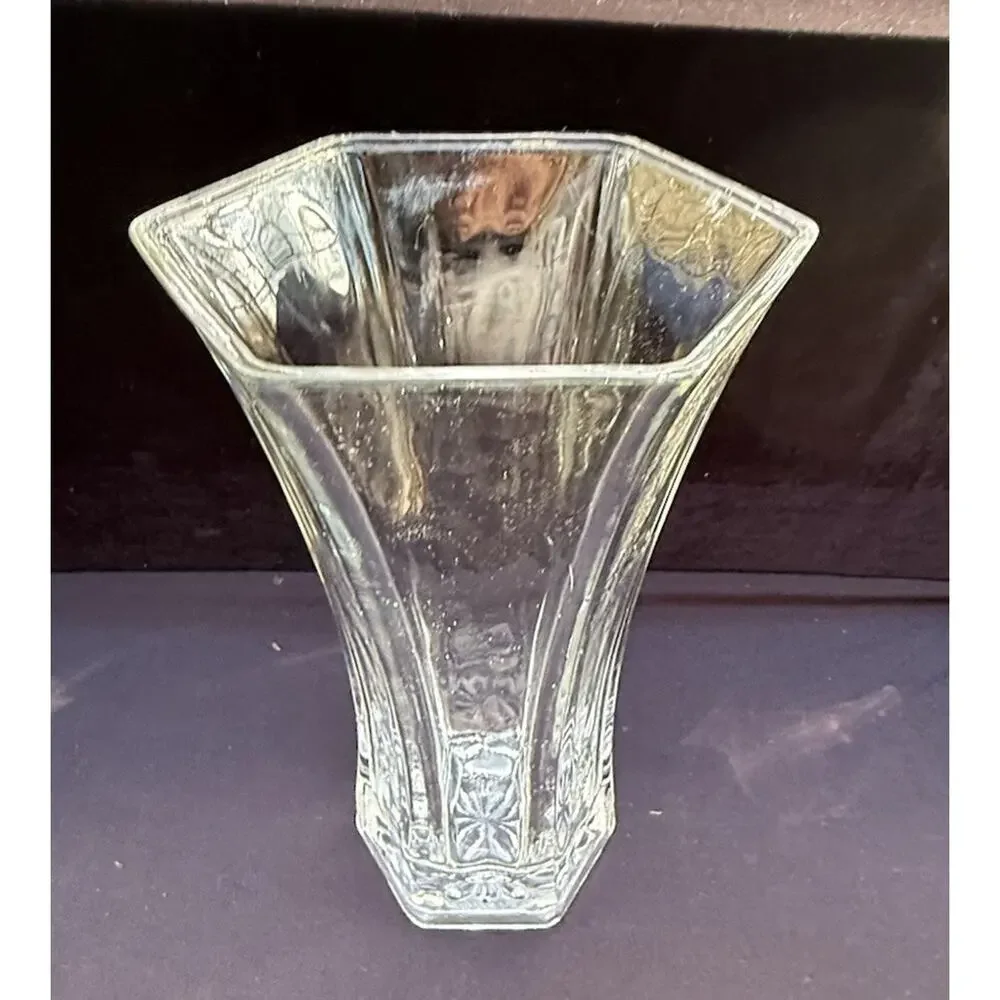 Hoosier Indiana Glass Hexagon 4041 Flower Vase Clear Large Durable -2/4